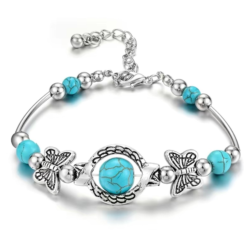 Gorgeous Silver Plated Butterfly Bracelet With Turquoise Beads Fashion J
